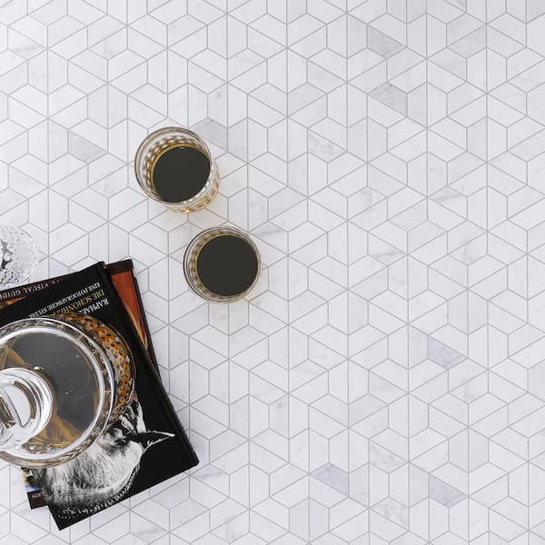 Thunder White 12.01 in. x 12.01 in. Geometric Polished Marble Mosaic Tile (10.1 sq. ft./Case)