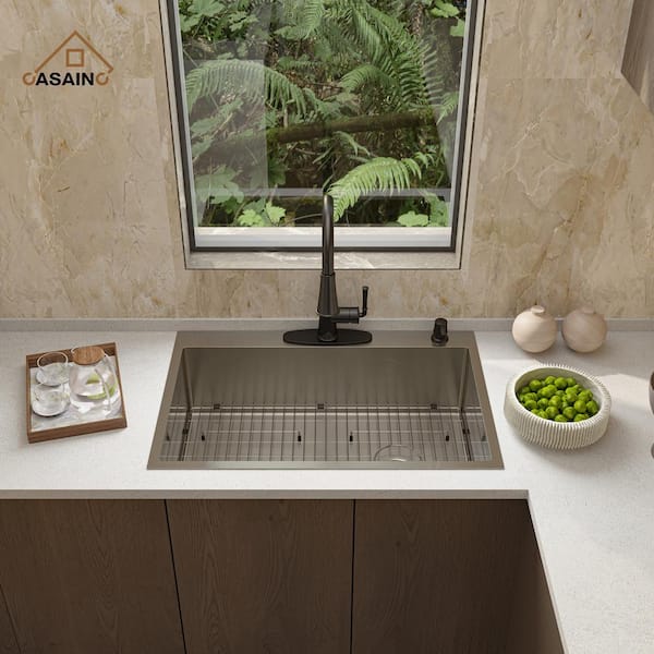 Stainless Steel 33 in. Single Bowl Drop-In Kitchen Sink with Matte Black LED and Infrared Sensor Pull Down Faucet