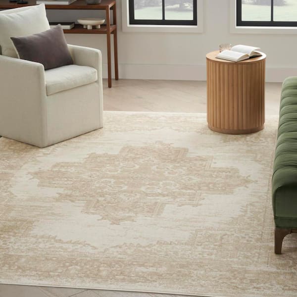 Grafix Ivory Beige 9 ft. x 12 ft. Center medallion Transitional Area Rug