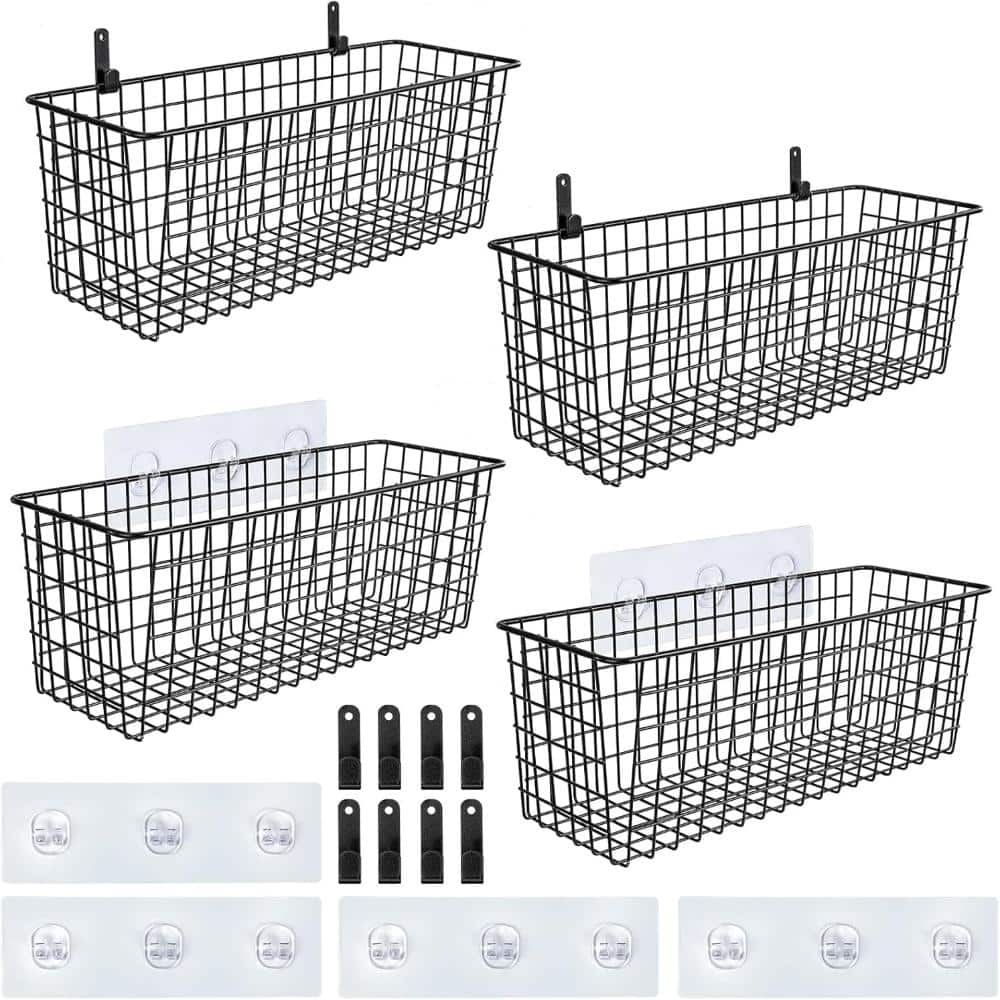 "4 Pack Extra Large Black Wire Wall Baskets 5.5""x14.7"" Metal Storage Organizer with Hooks" price history on PriceWatchPro