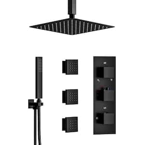 5-Spray 12 in. Ceiling Mount Fixed and Handheld Shower Head 2.5 GPM with 3-Jets in Matte Black(Valve Included)