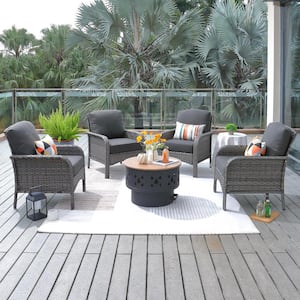 Hyacinth Gray 5-Piece Wicker Patio Fire Pit Conversation Seating Set with Black Cushions