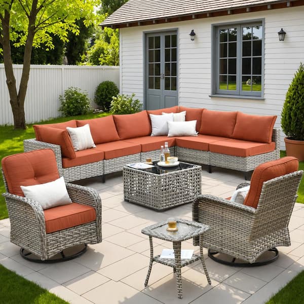 XIZZI Aquarius 10-Piece Wicker Patio Conversation Seating Sofa Set with Orange Red Cushions and Swivel Rocking Chairs