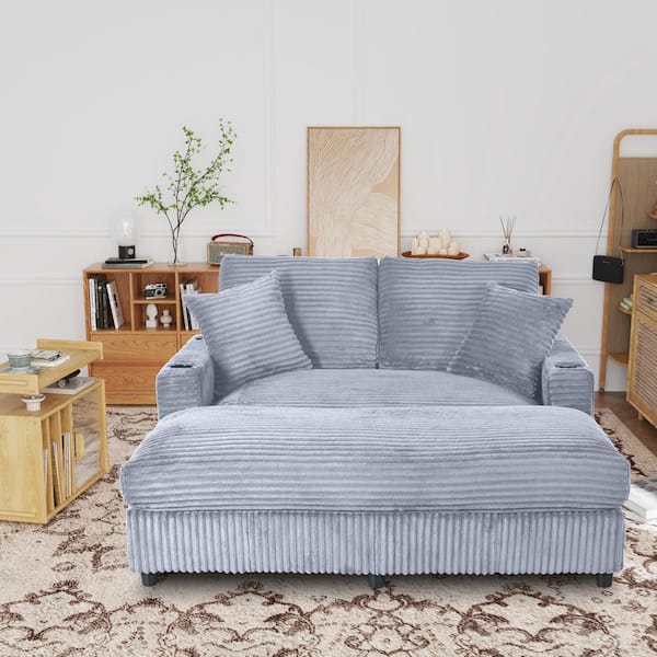 Keene Gray Polyester Upholstered Large Squre Arm Chaise Lounge with Cup Holders, Throw Pillows