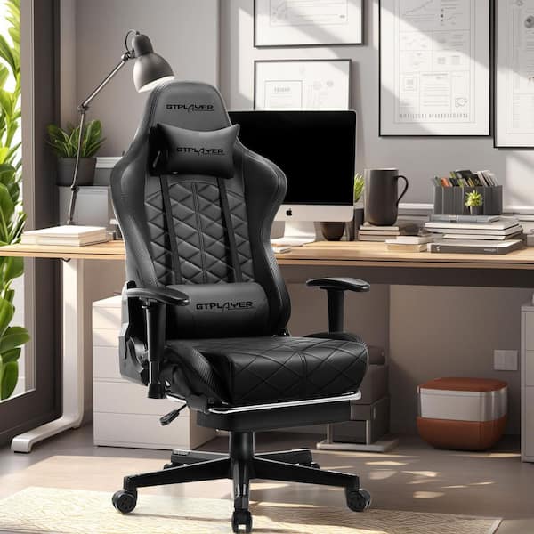 Gaming Chair with Footrest and Bluetooth Speakers Faux Leather Music Video Game Chair Computer Desk Chair, Black
