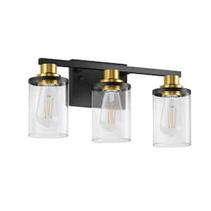 20 in. 3 Light Bathroom Vanity Light, Black and Gold Bathroom Light Fixtures Over Mirror with Clear Glass Shade