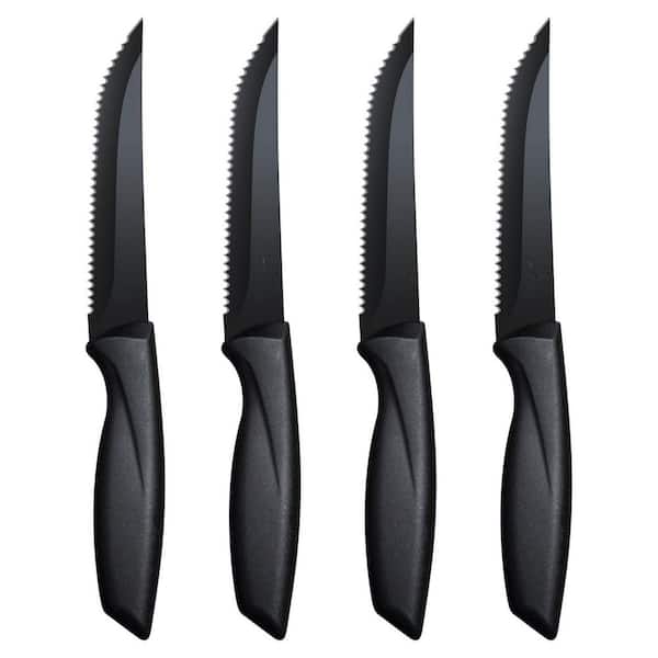 8.78 in. Stainless Steel Partial Tang Serrated Edge Steak Knife with Ergonomic Black Polypropylene Handle (Set of 4)