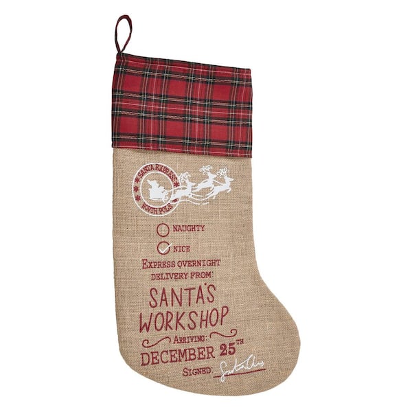 20 in. Tan Bright Red Country Black Santa's Workshop Christmas Stocking