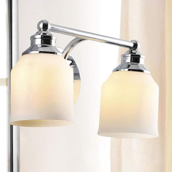 JONATHAN Y Lydia 14 in. 2-Light Iron/Frosted Glass Farmhouse Cottage LED Chrome Vanity Light