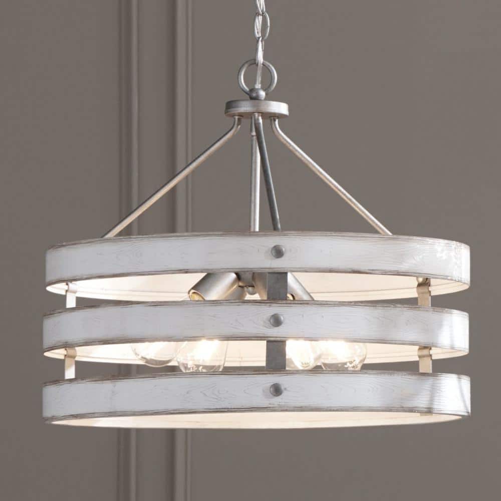 Gray and Whitewashed Faux Wood Drum Pendant Light