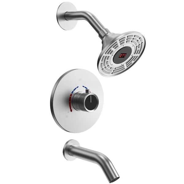 GRANDJOY Smart Temperature Grain with Valve 2-Spray Wall Mount 5 in. Tub and Shower Faucet 2.5 GPM in Brushed Nickel