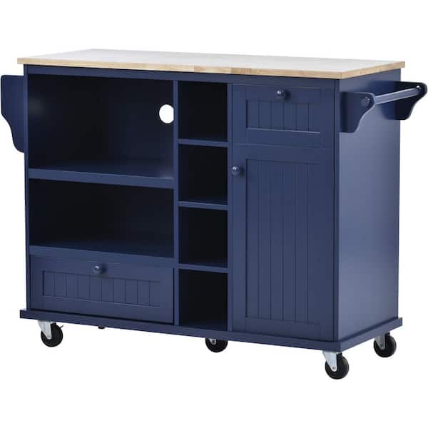 Hooseng Grondin Dark Blue Kitchen Island Cart with Storage Cabinet and Locking Caters, Buffet Server with Solid Wood Top
