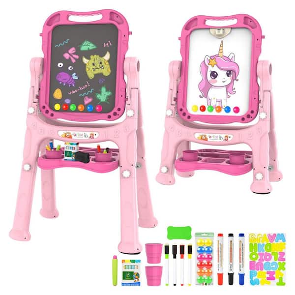 1 Pack Double Sided Kids Art Easel Adjustable Height Standing Drawing Board with Accessories Rose Pink