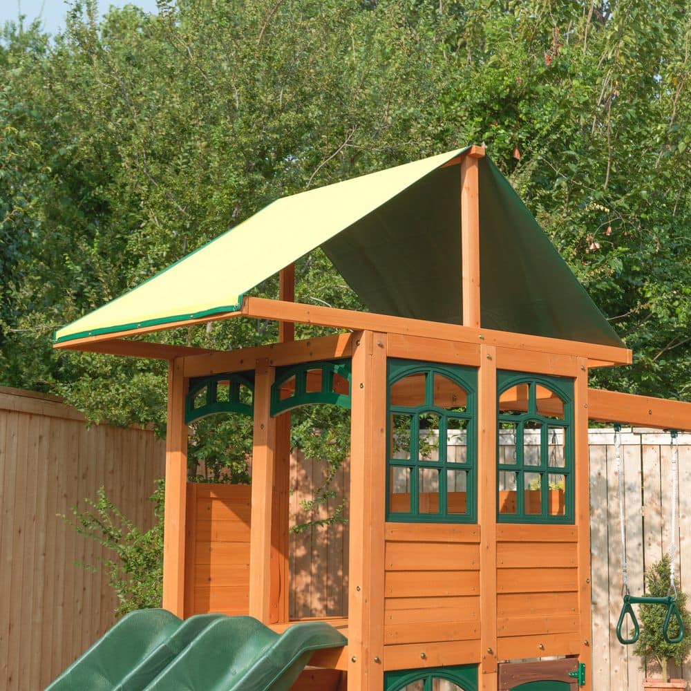 Treasure Cove Cedar Wooden Swing Set with Green Slides