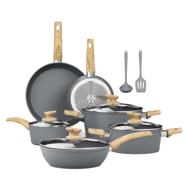 Pots and Pans Set Non Stick - 12 Piece Induction Kitchen Cookware Sets, Gray Granite Nonstick Cooking Pans Set