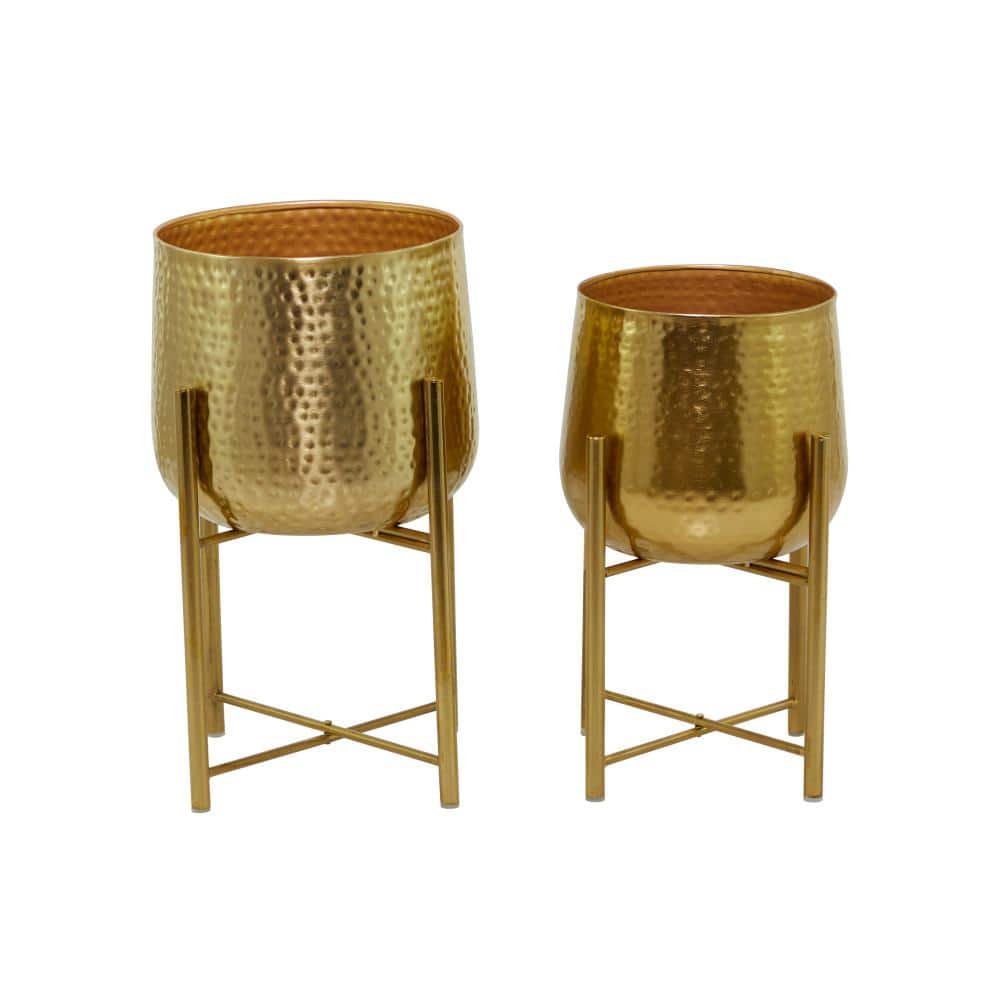 Contemporary Gold Metal Indoor Planter with X-Shaped Stand, 17" Height