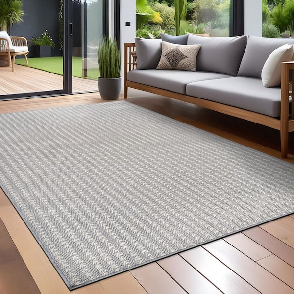 Arrow Gray 8 ft. x 10 ft. Chevron Striped Washable Indoor Outdoor Area Rug