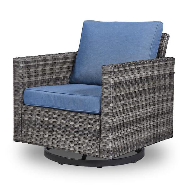 Opohoro U-Weave Metal and Gray Wicker Outdoor Rocking Chair Patio Swivel Chairs with Olefin Navy Blue Cushions