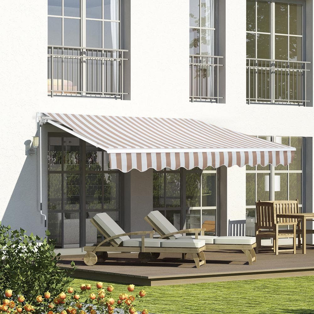 Beige 12' x 8' Retractable Aluminum Patio Awning with Manual Crank