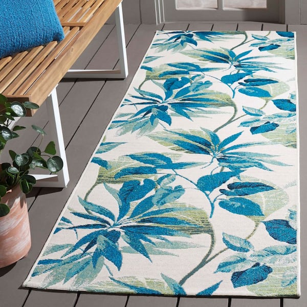 Barbados Ivory/Blue 3 ft. x 8 ft. Botanical Leaf Indoor/Outdoor Runner Rug
