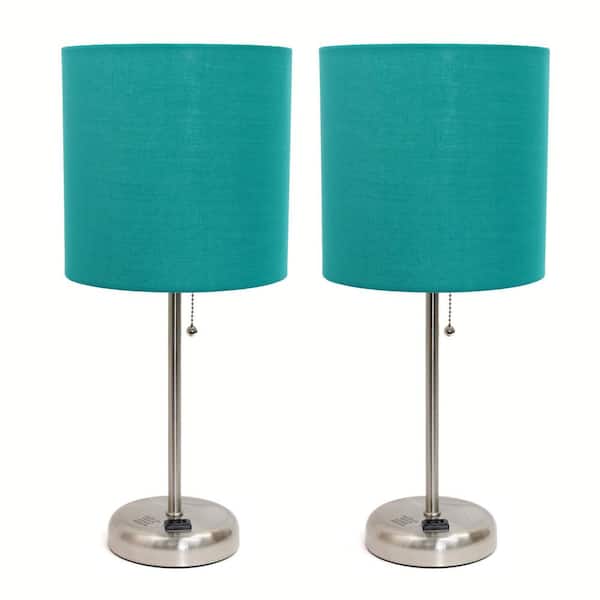 Creekwood home 19.5 in. Contemporary Bedside Duo, Brushed Steel Table Lamp Two Pack Set with Power Outlet, Teal Shades
