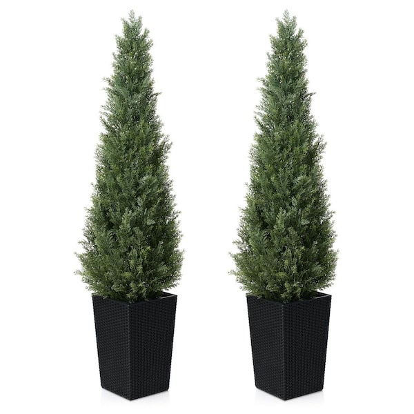DR.Planzen 5 ft. Artificial Indoor/Outdoor Topiary Cedar Tree with Black Planter, Fake UV Resistant Potted Plants Set of 2