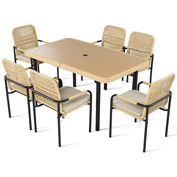 Unbranded 7-Piece Wicker Outdoor Dining Set with Gray Cushion, Outdoor Table and Chairs with Removable Cushion and Dining Table