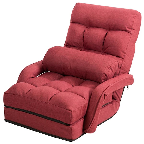 Costway Red Steel Folding Floor Armchair with 6-Position Adjustable Back and Lumbar Pillow