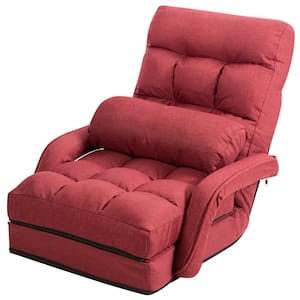 Red Steel Folding Floor Armchair with 6-Position Adjustable Back and Lumbar Pillow