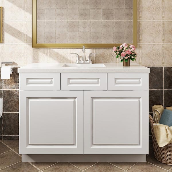48 in. W x 21 in. D x 34.5 in. H in Traditional White Plywood Ready to Assemble Floor Vanity Sink Base Kitchen Cabinet