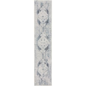 Astra Machine Washable Blue Ivory 2 ft. x 12 ft. Distressed Traditional Runner Area Rug