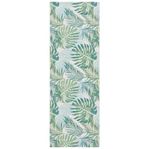 Barbados Green/Teal 3 ft. x 10 ft. Runner Floral Indoor/Outdoor Area Rug