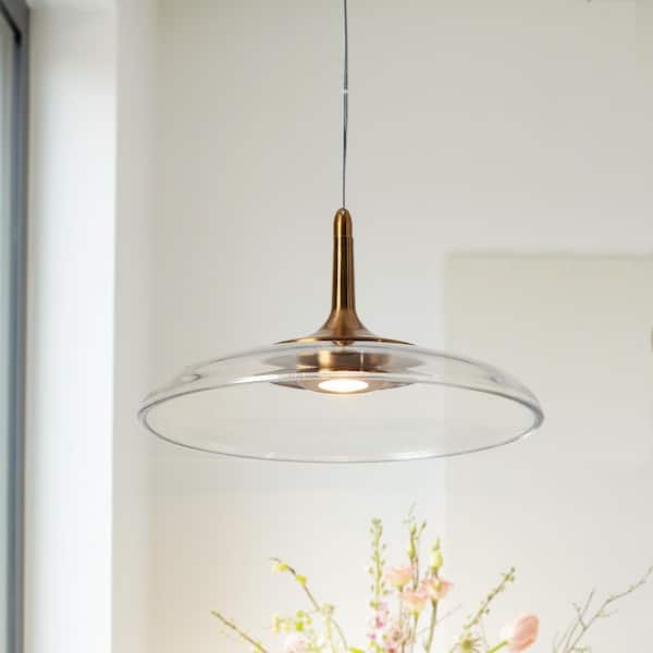 Modern Minimalist 12.2 in. 1-Light Brass Integrated LED Island Pendant Light with Barn Clear Glass Shade for Dining Room