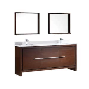 Allier 72 in. Double Vanity in Wenge Brown with Glass Stone Vanity Top in White and Mirror