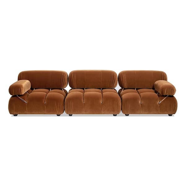 Jennifer Taylor Marcel 109.5 in. Pillow Top Arm Velvet Rectangle Bubble Modular Performance Velvet Modern 3-Piece Sofa in Burnt Orange