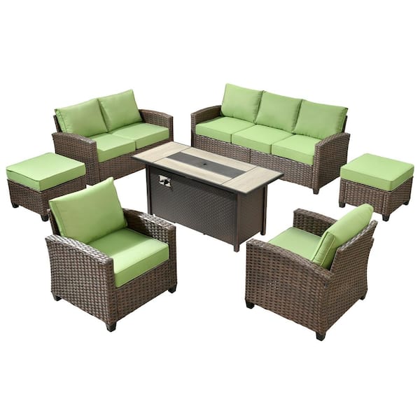 Palermo Brown 7-Piece Wicker Outdoor Modular Patio Furniture Sofa Set with Metal Fire Pit and Green Cushions