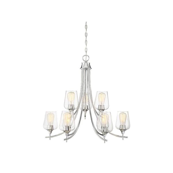Savoy House 30 in. W x 28 in. H 9-Light Polished Chrome Tiered Chandelier with Clear Glass Shades