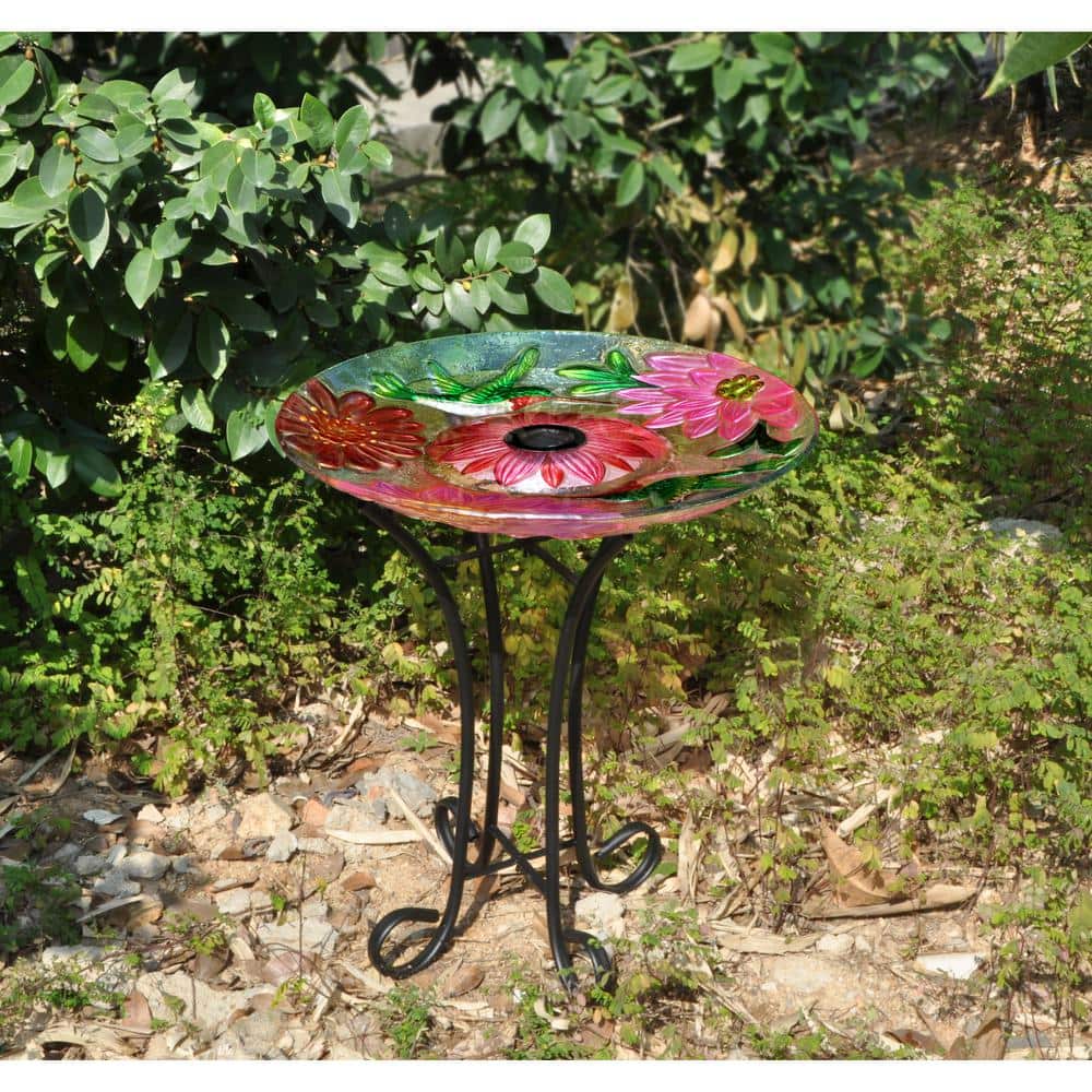 Solar Floral Glass Hummingbird Birdbath with Metal Stand