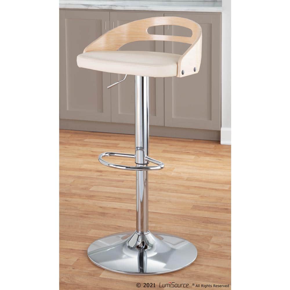 Natural Wood and Cream Faux Leather Adjustable Swivel Barstool