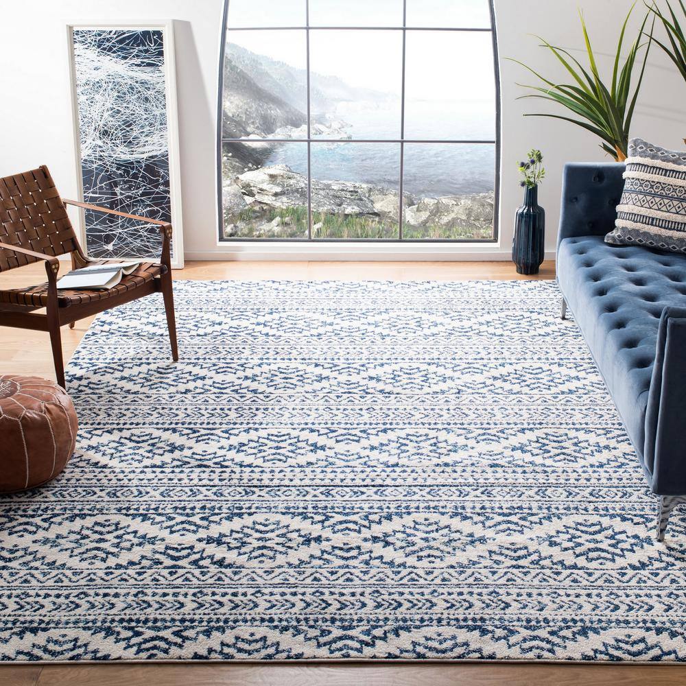 Hand-Knotted Ivory/Navy Geometric Square Synthetic Area Rug