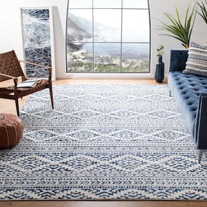 Tulum Ivory/Navy 7 ft. x 7 ft. Square Tribal Geometric Striped Area Rug