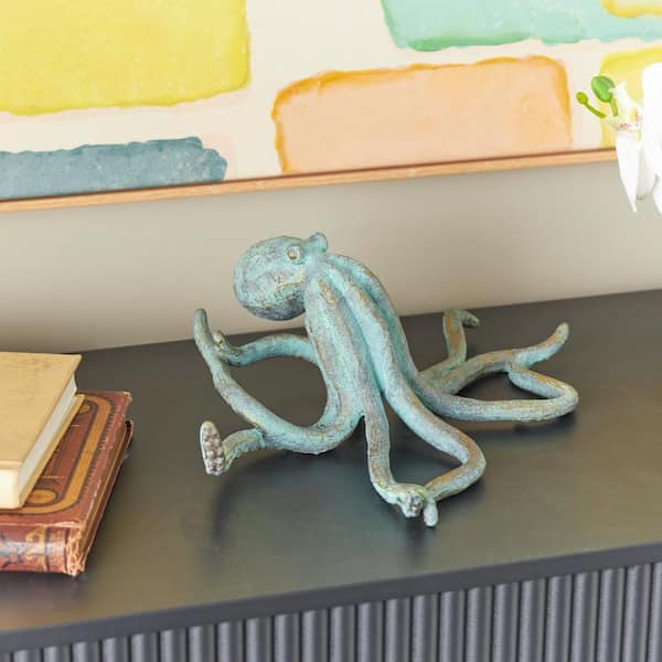 Litton Lane 4 in. Blue Polystone Distressed Patina Octopus Sculpture with Gold Foil Accents