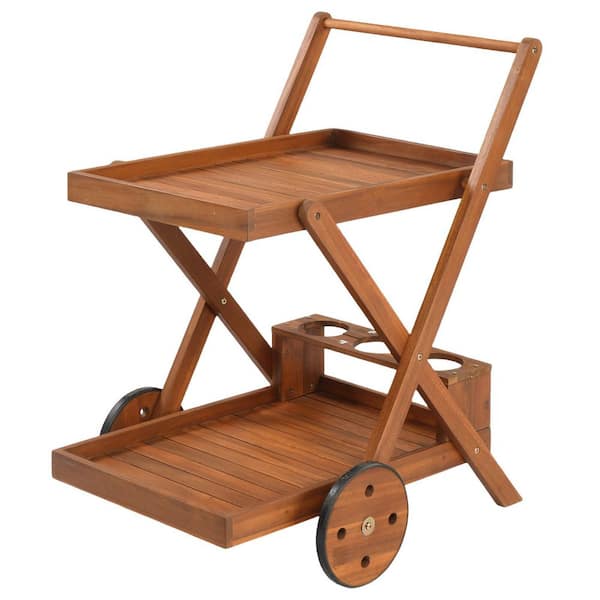 Karl home Acacia Wood Outdoor Serving Cart with Wheels and Wine Bottle Holders