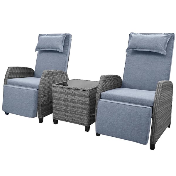 3-Piece Wicker Outdoor Patio Conversation Set with Gray Cushions, Coffee Table and Adjustable Backrest for Swimming Pool