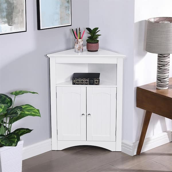 White Wood 32.3 in. H Storage Corner Cabinet with Shelves and Storage