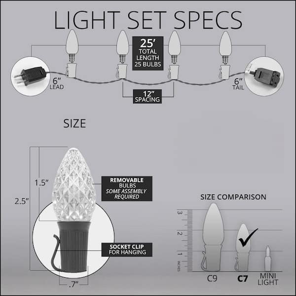 OptiCore 24 ft. 25-Light LED Cool White Faceted C7 Twinkle String Light Set