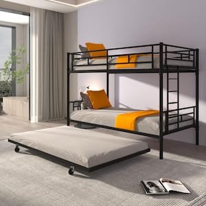 Black Twin over Twin Metal Bunk Bed with Trundle,Comfortable Rungs,Heavy Duty, Easy to Assemble,CPC Certified