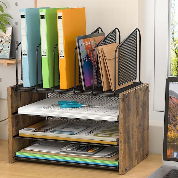 Brown 13.5 in. x 15.3 in. Metal Desk Organizers with 5 Vertical File Holders