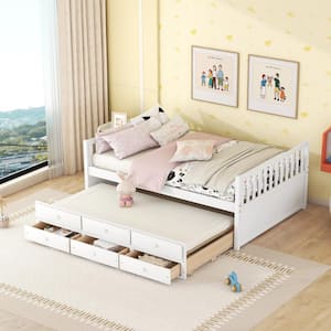 White Full Captain's Bed with Trundle Bed, Wood Storage DayBed with 3 Storage Drawers for Kids Teens and Adults