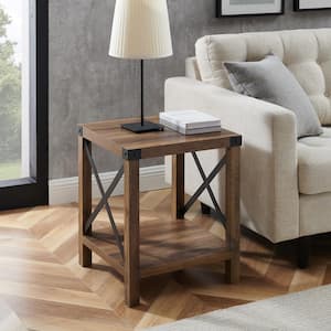 Urban Industrial 18 in. Rustic Oak Square Metal X Accent Side Table with Lower Shelf
